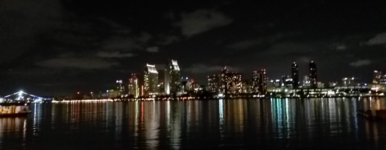 San Diego skyline from Coronado landing, 10/4/15, out-of-focus photo by James Ulvog.