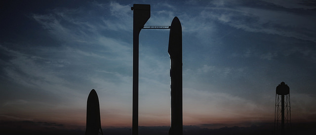 Drawing of launch pad. Tanker is sitting at left ready to be added to booster upon its return. Credit: Flickr, SpaceX has placed this in public domain.