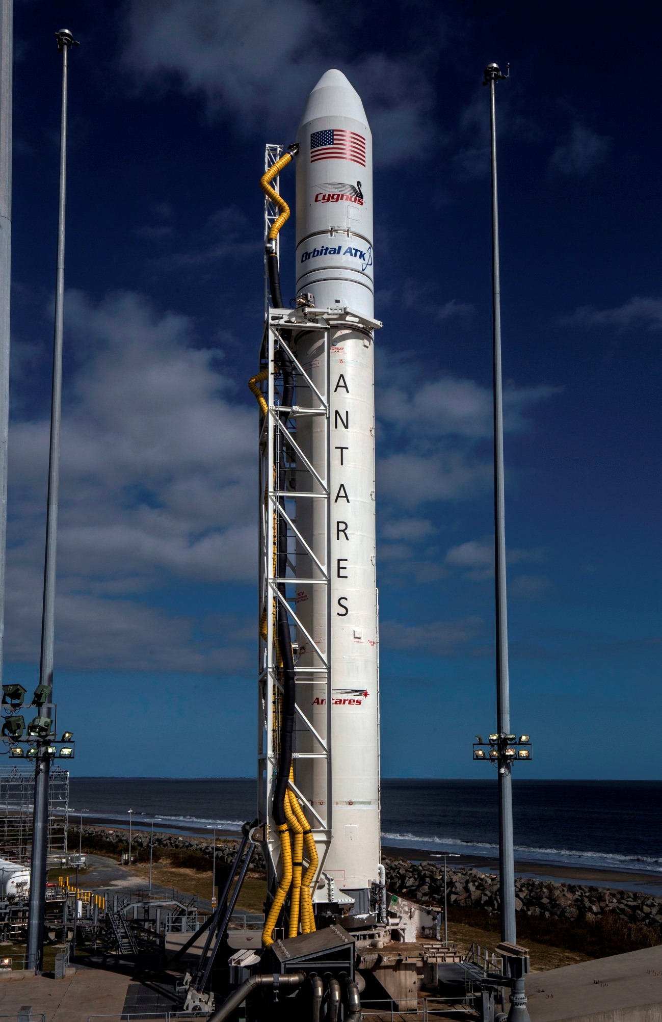 Antares booster on launch pad. Courtesy of Orbital ATK. Used with permission.